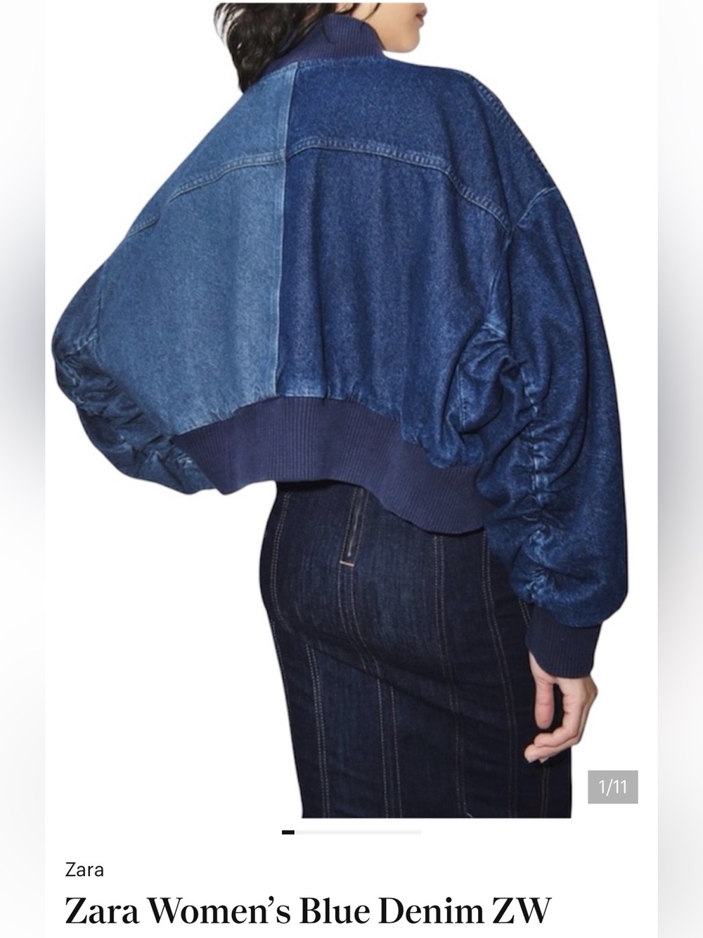 Zara Dark Blue Cropped Denim Bomber Jacket - Picture 3 of 4